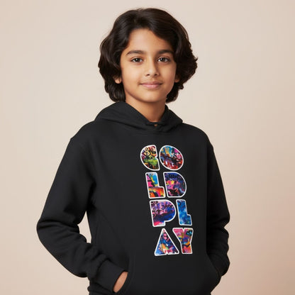 Child wearing a black hoodie with colorful text design on a beige background
