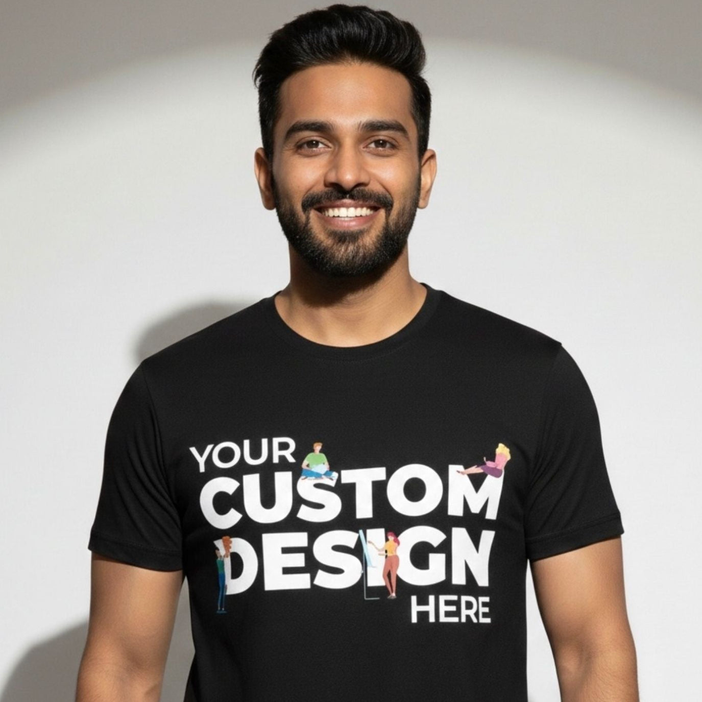 Man wearing a black t-shirt with 'Your Custom Design Here' text