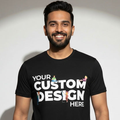 Man wearing a black t-shirt with 'Your Custom Design Here' text