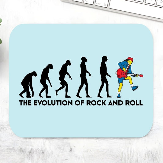 Mouse pad with 'The Evolution of Rock and Roll' design on a light blue background Mousepad AC/DC The Banyan Tee