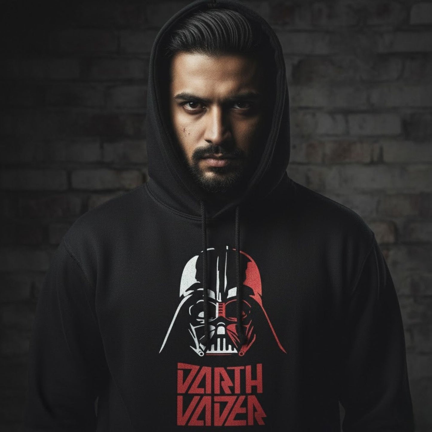 Person wearing a black hoodie with Darth Vader design against a dark brick wall.