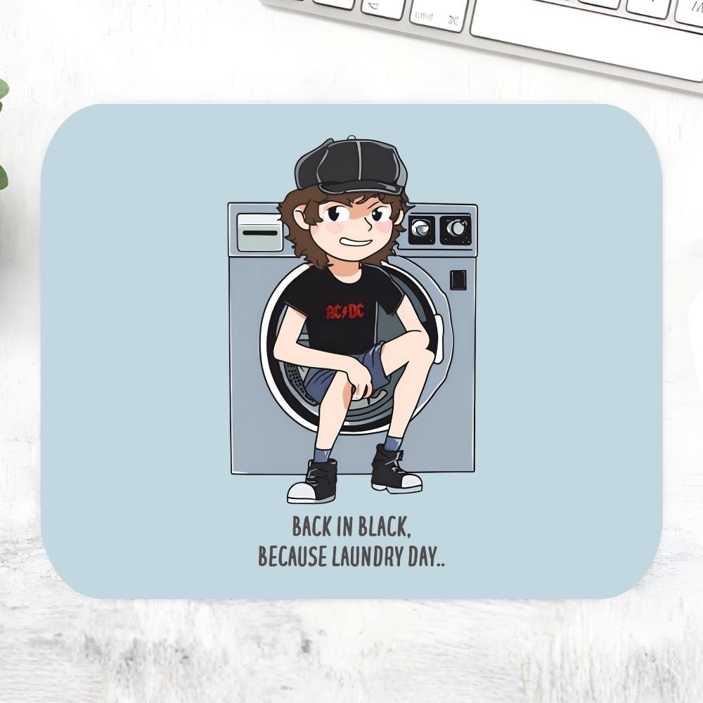 Mouse pad with cartoon character in front of a washing machine on a light blue background. Mousepad AC/DC The Banyan Tee
