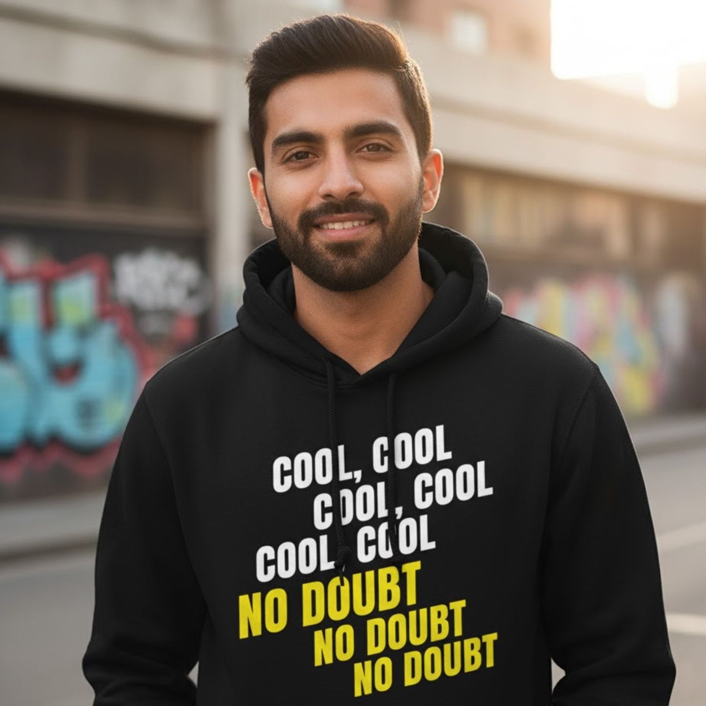 Man wearing a black hoodie with text in an urban setting cool cool cool no doubt brooklyn nine nine