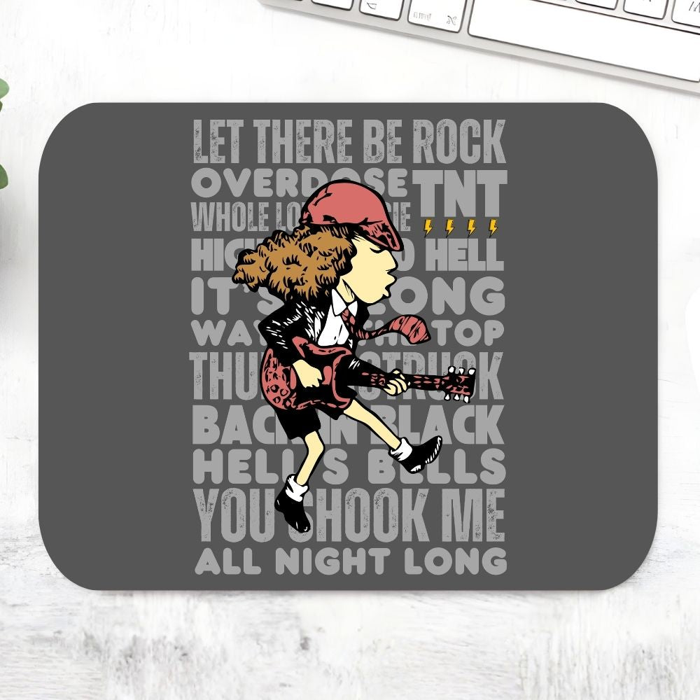Mouse pad with a graphic of a person playing guitar and text on a gray background Mousepad AC/DC The Banyan Tee