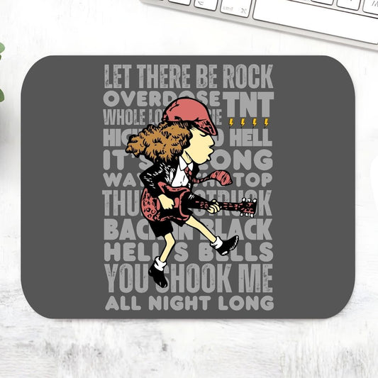 Mouse pad with a graphic of a person playing guitar and text on a gray background Mousepad AC/DC The Banyan Tee