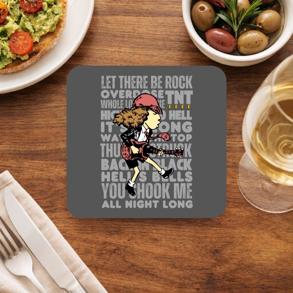 Coaster with rock-themed design on a wooden table with food and drink. AC/DC coaster The Banyan Tee