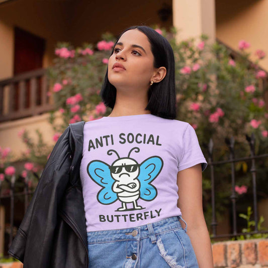 graphic anti social butterfly t-shirt printed graphic stylish buy online india the banyan tee tbt men women girls boys unisex lavender 