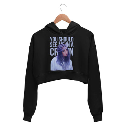 billie eilish you should see me in a crown crop hoodie hooded sweatshirt upper winterwear music band buy online india the banyan tee tbt men women girls boys unisex black