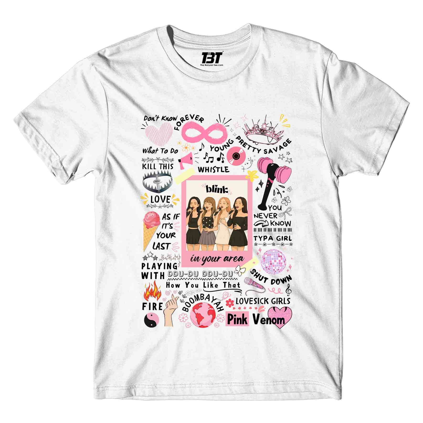 black pink blink t-shirt music band buy online india the banyan tee tbt men women girls boys unisex white song k pop jennie lisa jisoo rose