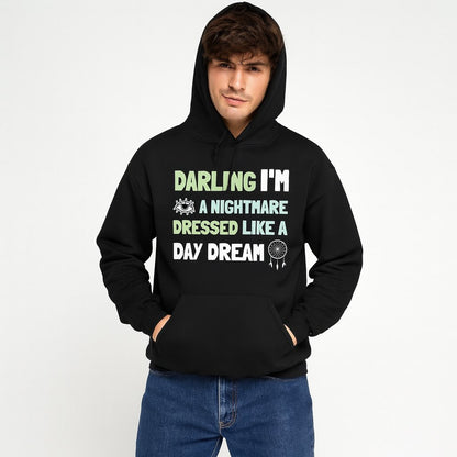 Person wearing a black Taylor Swift Blank Space hoodie with text on a white background