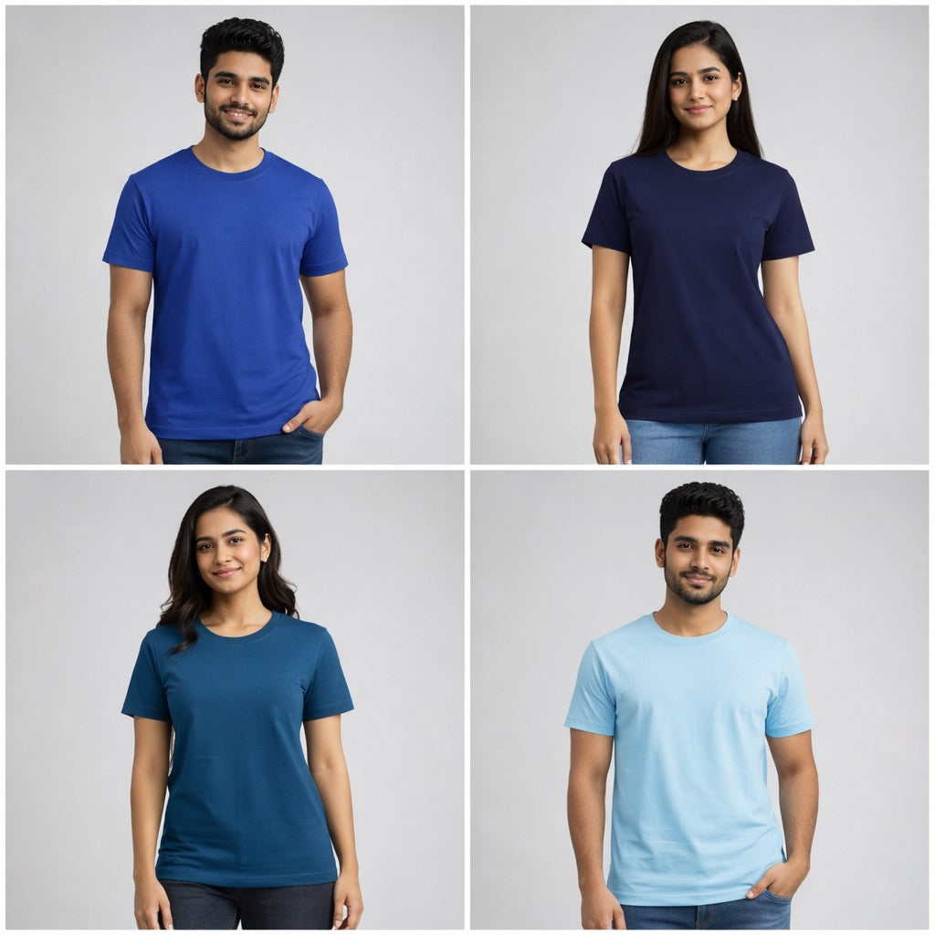 Four people wearing blue t-shirts on a gray background the banyan tee combo