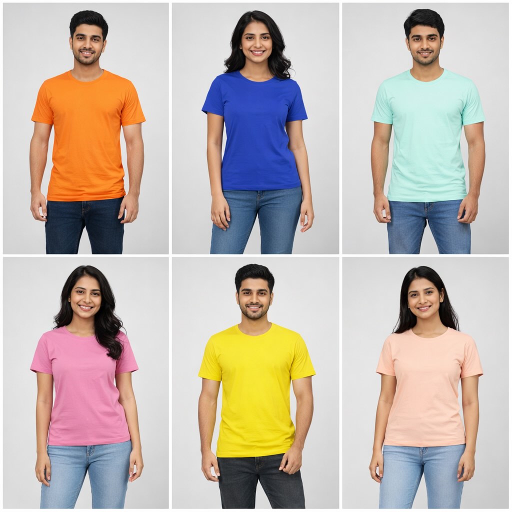 Collage of people wearing plain colored t-shirts on a white background the banyan tee combo