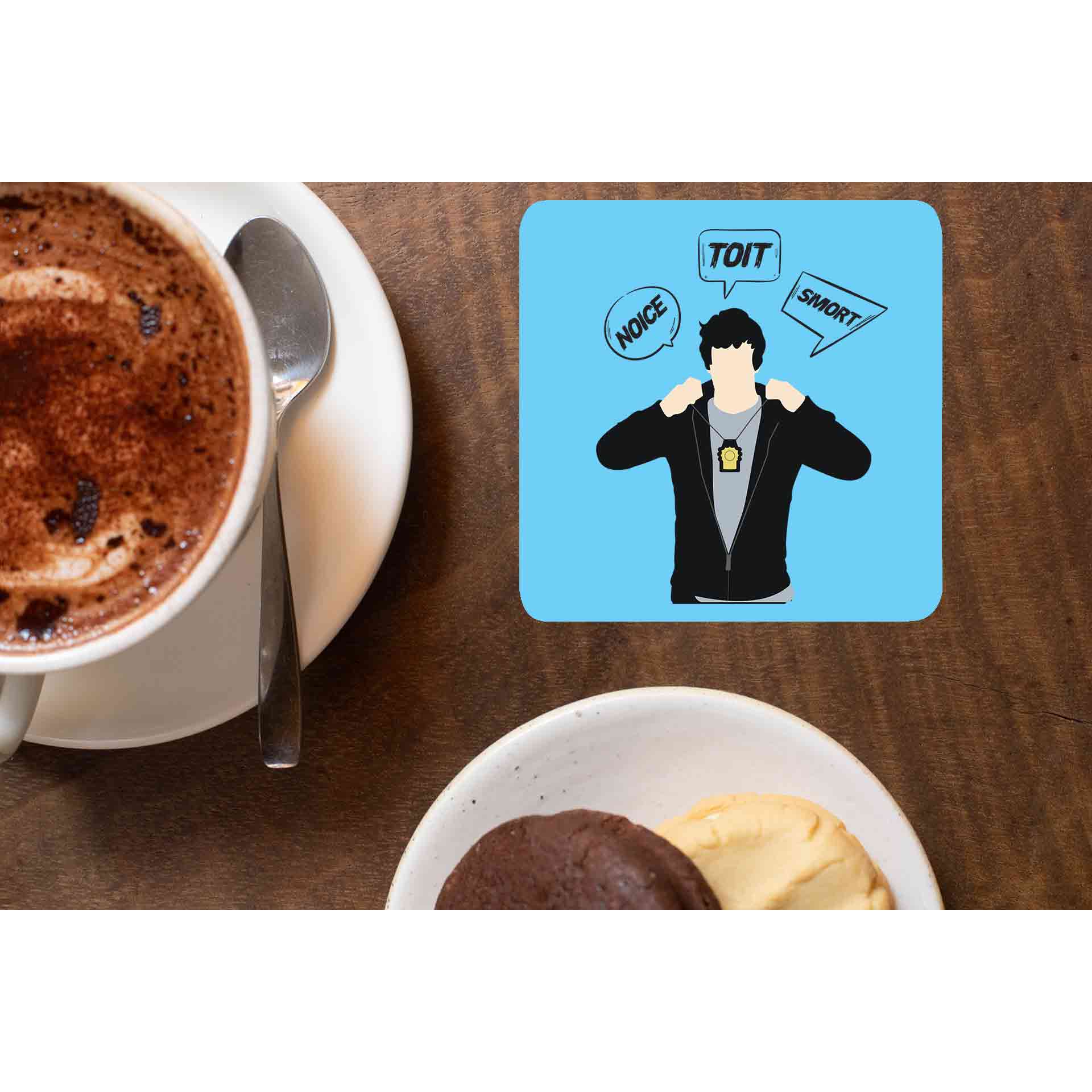 brooklyn nine-nine noice toit smort coasters wooden table cups indian buy online india the banyan tee tbt men women girls boys unisex  detective jake peralta terry charles boyle gina linetti andy samberg merchandise clothing acceessories