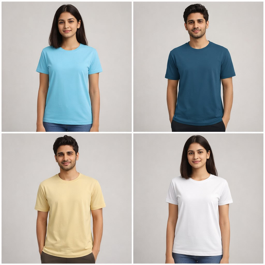 Four people wearing different colored t-shirts on a gray background the banyan tee combo