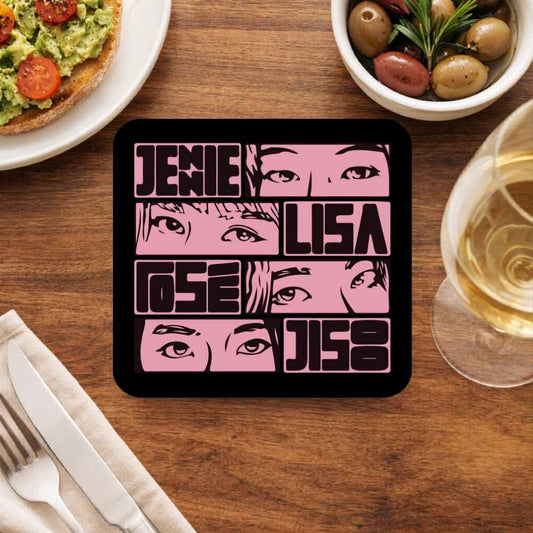Table setting with a coaster featuring 'JENIE LISA' design on a wooden table. Black Pink Coaster.
