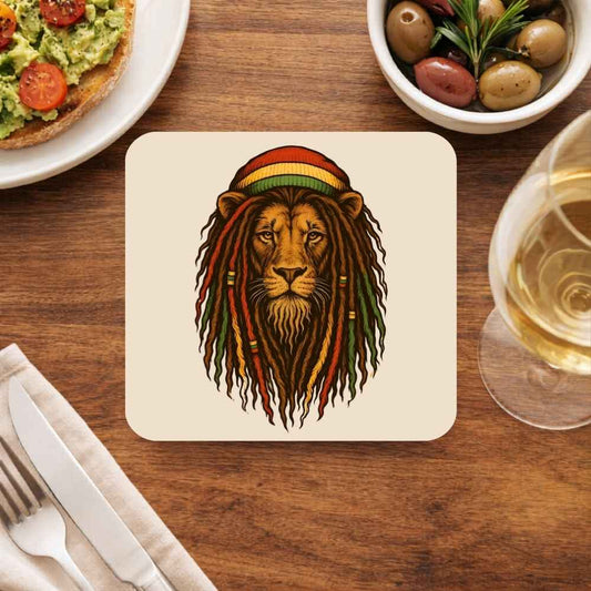 Coaster with a lion wearing a Rastafarian hat on a wooden table with food and drink. Bob Marley