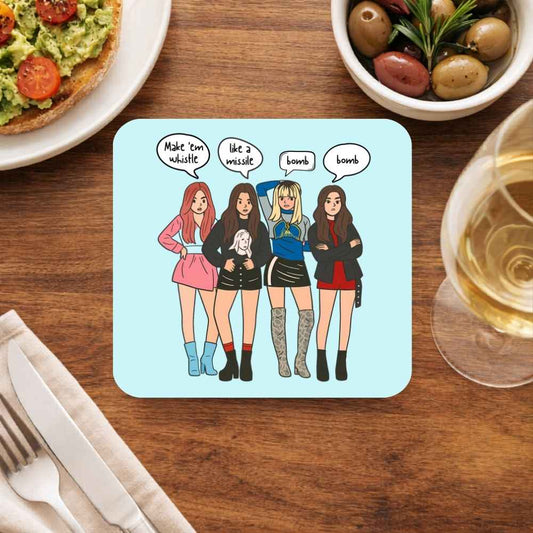 Coaster with cartoon design of four women on a wooden table with food and drink. Black Pink Coaster.