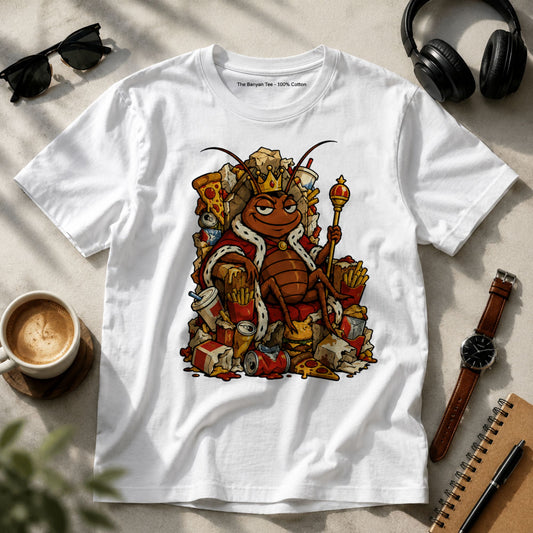 White graphic t-shirt featuring a cockroach king wearing a crown seated on a junk food throne surrounded by pizza, fries and soda, flat lay product shot Coackroach Janta Party CJP