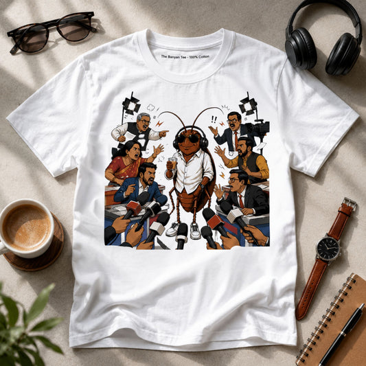 White graphic t-shirt featuring a cockroach at a press conference surrounded by reporters with microphones and cameras, flat lay product shot Cockroach Janta Party CJP