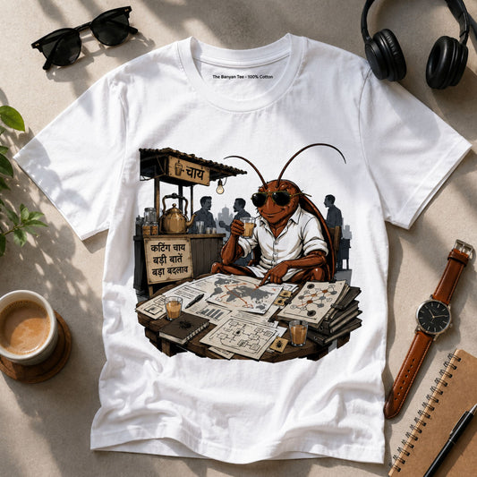 White graphic t-shirt featuring a cockroach at a chai (tea) stall having political discussions, with a sign reading chai pe charcha, flat lay product shot Cockroach Janta Party CJP