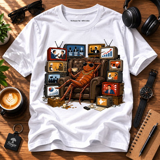 White graphic t-shirt featuring a cockroach sitting in an armchair watching multiple TV screens showing election and political content, surrounded by coffee and accessories Cockroach Janta Party CJP