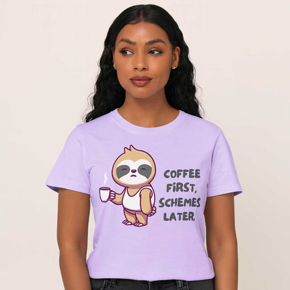 graphic coffee first schemes later t-shirt printed graphic stylish buy online india the banyan tee tbt men women girls boys unisex lavender 