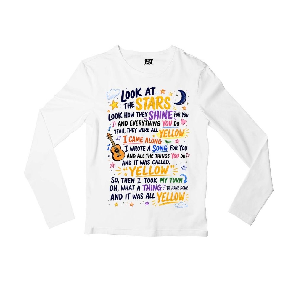 coldplay yellow scribbles full sleeves long sleeves music band buy online india the banyan tee tbt men women girls boys unisex white 