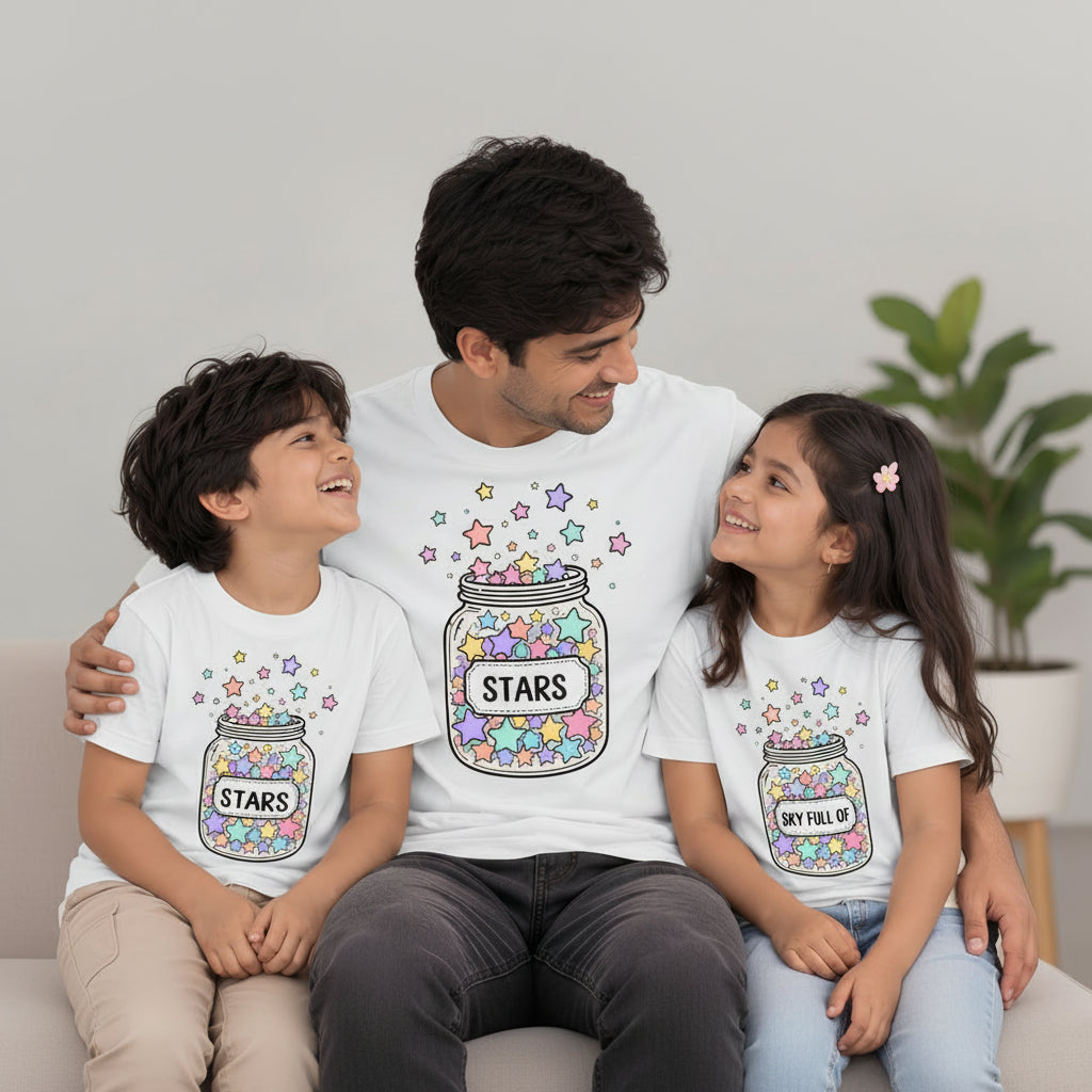 A father and two children wearing matching white graphic t-shirts featuring a colorful star-filled jar design with the text 'SKY FULL OF'.