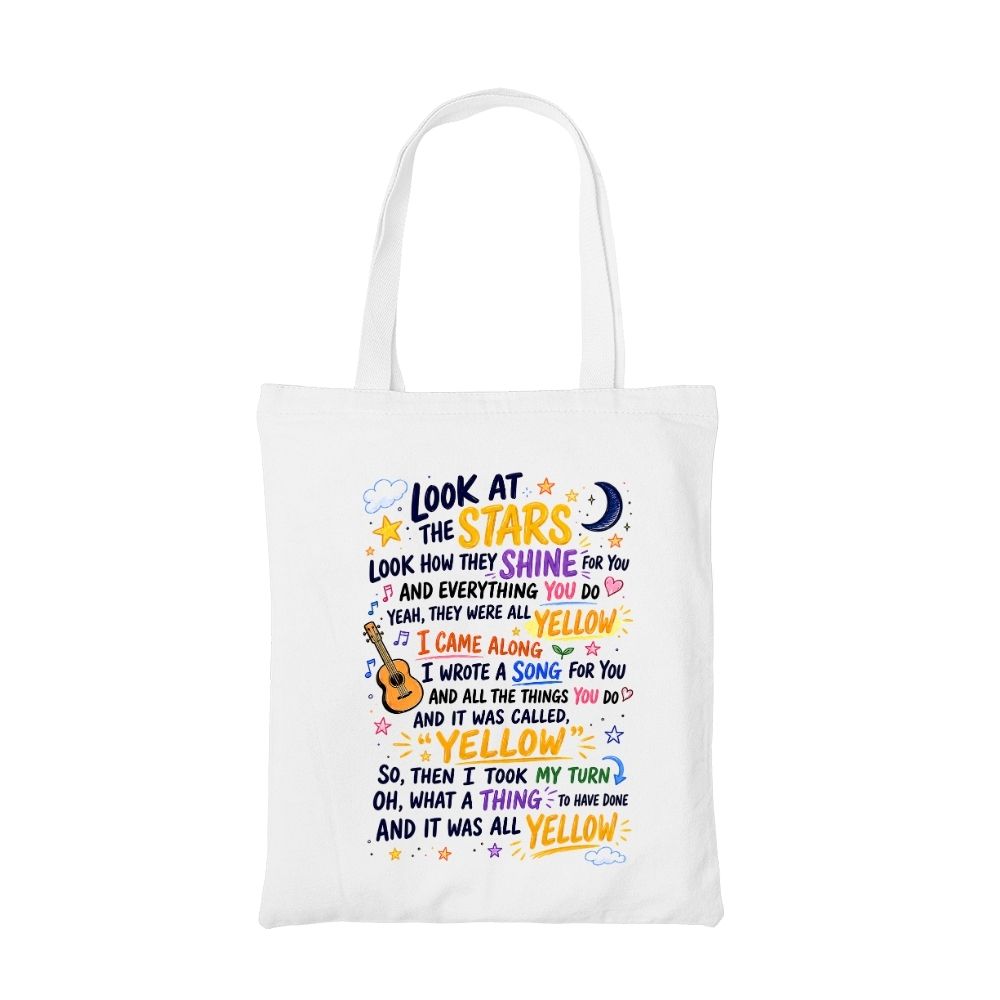 coldplay yellow scribbles tote bag cotton printed music band buy online india the banyan tee tbt men women girls boys unisex  