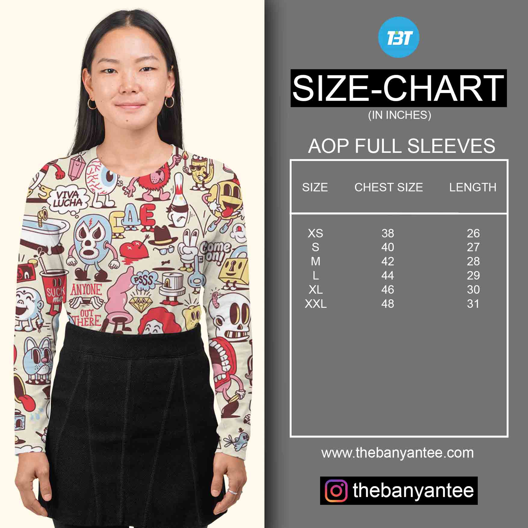 The Banyan Tee Custom All Over Printed Full Sleeves T-shirt Size Chart