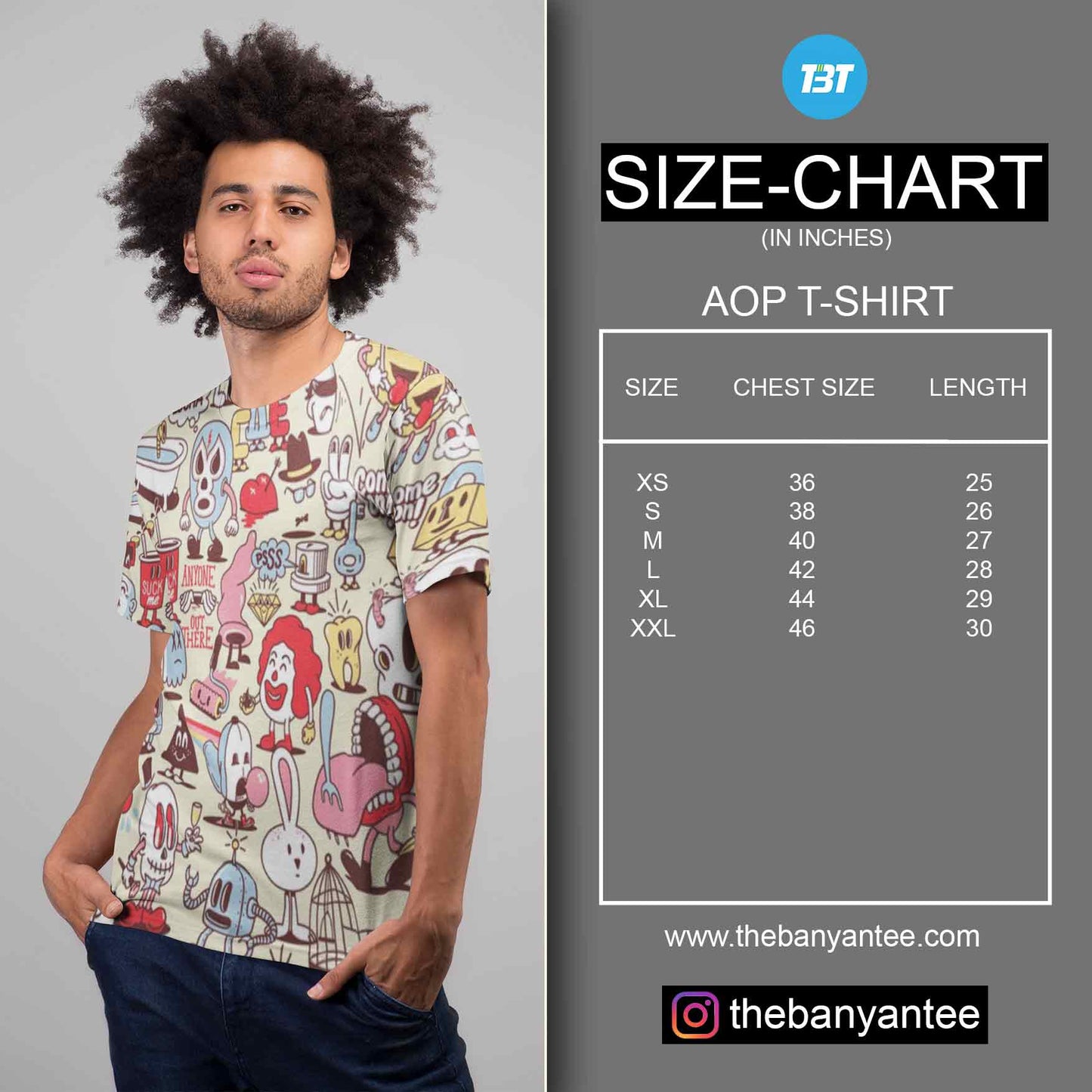 The Banyan Tee All Over T-shirt Size Chart