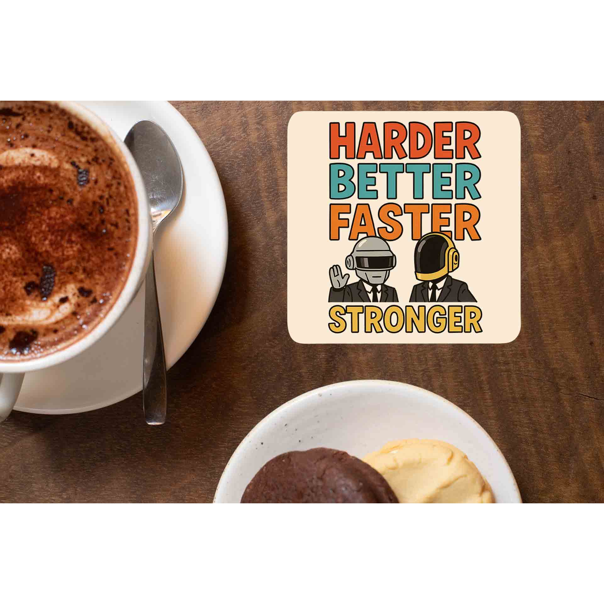 daft punk harder, better, faster, stronger coasters wooden table cups indian music band buy online india the banyan tee tbt men women girls boys unisex