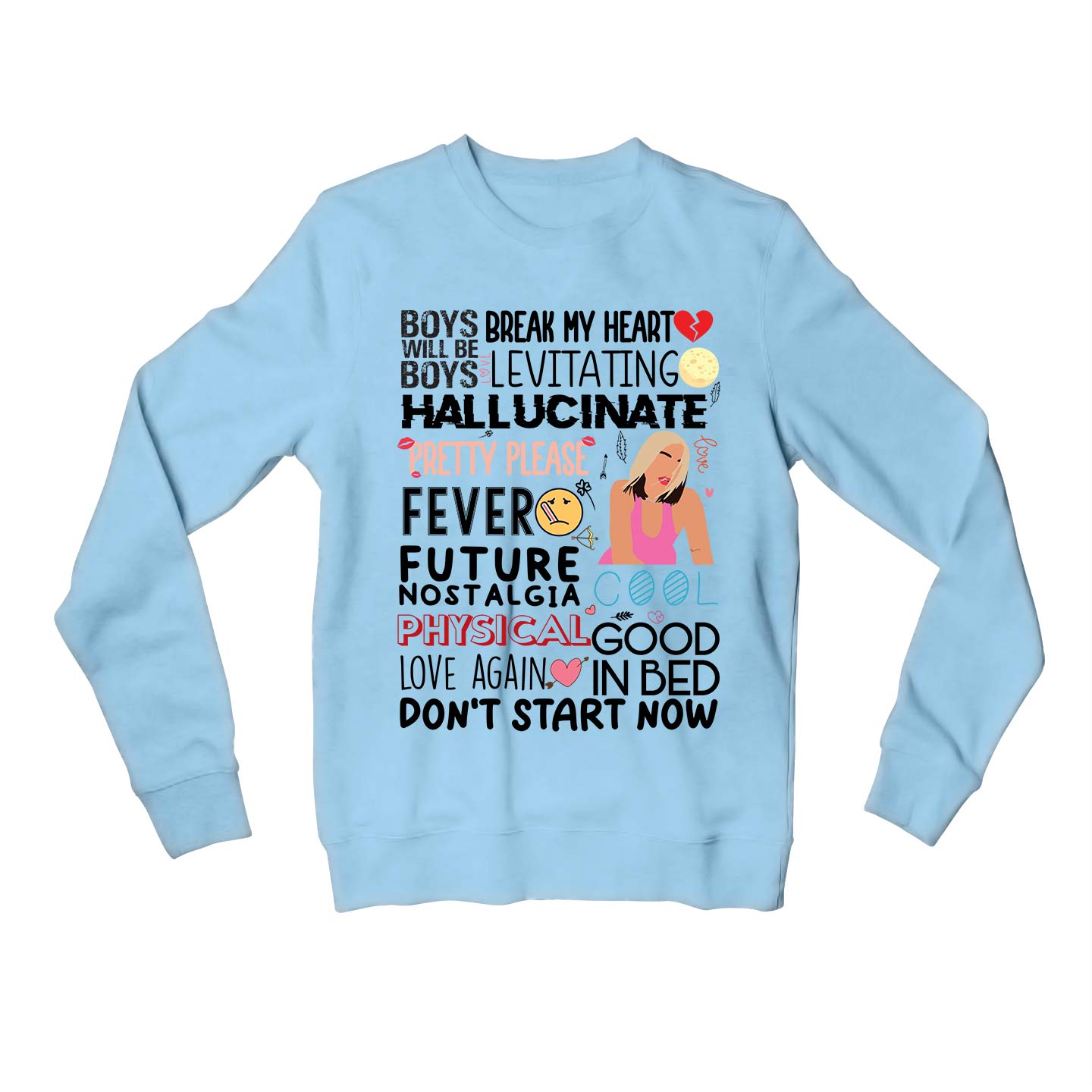 dua lipa dua's discography sweatshirt upper winterwear music band buy online india the banyan tee tbt men women girls boys unisex baby blue