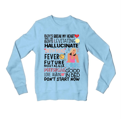 dua lipa dua's discography sweatshirt upper winterwear music band buy online india the banyan tee tbt men women girls boys unisex baby blue