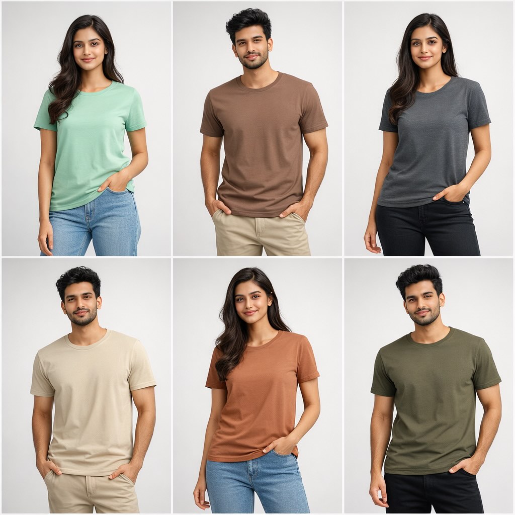 Collage of people wearing plain t-shirts in various colors on a white background plain t shirt combo The Banyan Tee
