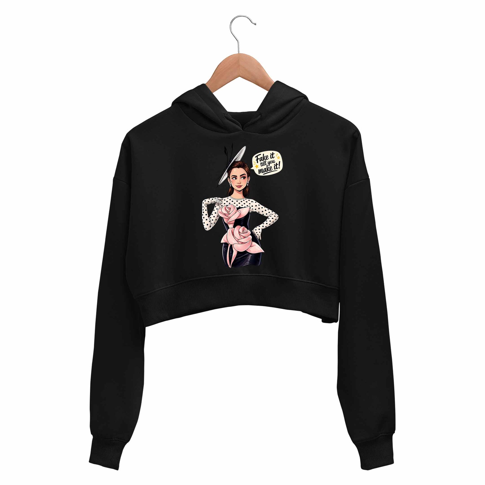 emily in paris fake it till you make it crop hoodie hooded sweatshirt upper winterwear tv & movies buy online india the banyan tee tbt men women girls boys unisex black 