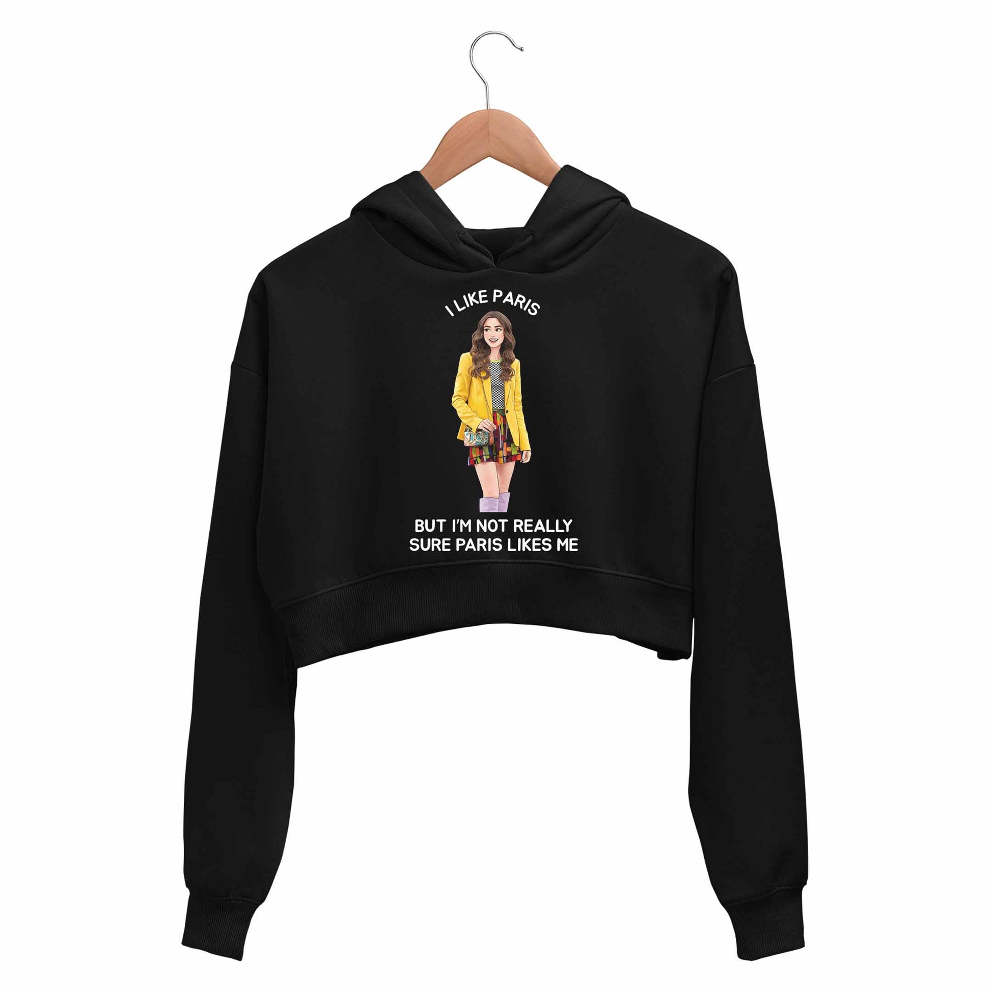 emily in paris i like paris crop hoodie hooded sweatshirt upper winterwear tv & movies buy online india the banyan tee tbt men women girls boys unisex black 