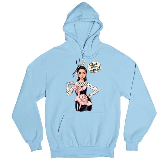 emily in paris fake it till you make it hoodie hooded sweatshirt winterwear tv & movies buy online india the banyan tee tbt men women girls boys unisex baby blue 