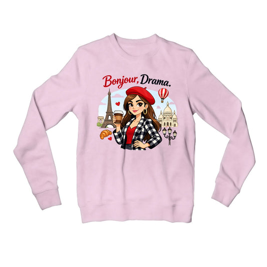 emily in paris bonjour drama sweatshirt upper winterwear tv & movies buy online india the banyan tee tbt men women girls boys unisex baby pink 