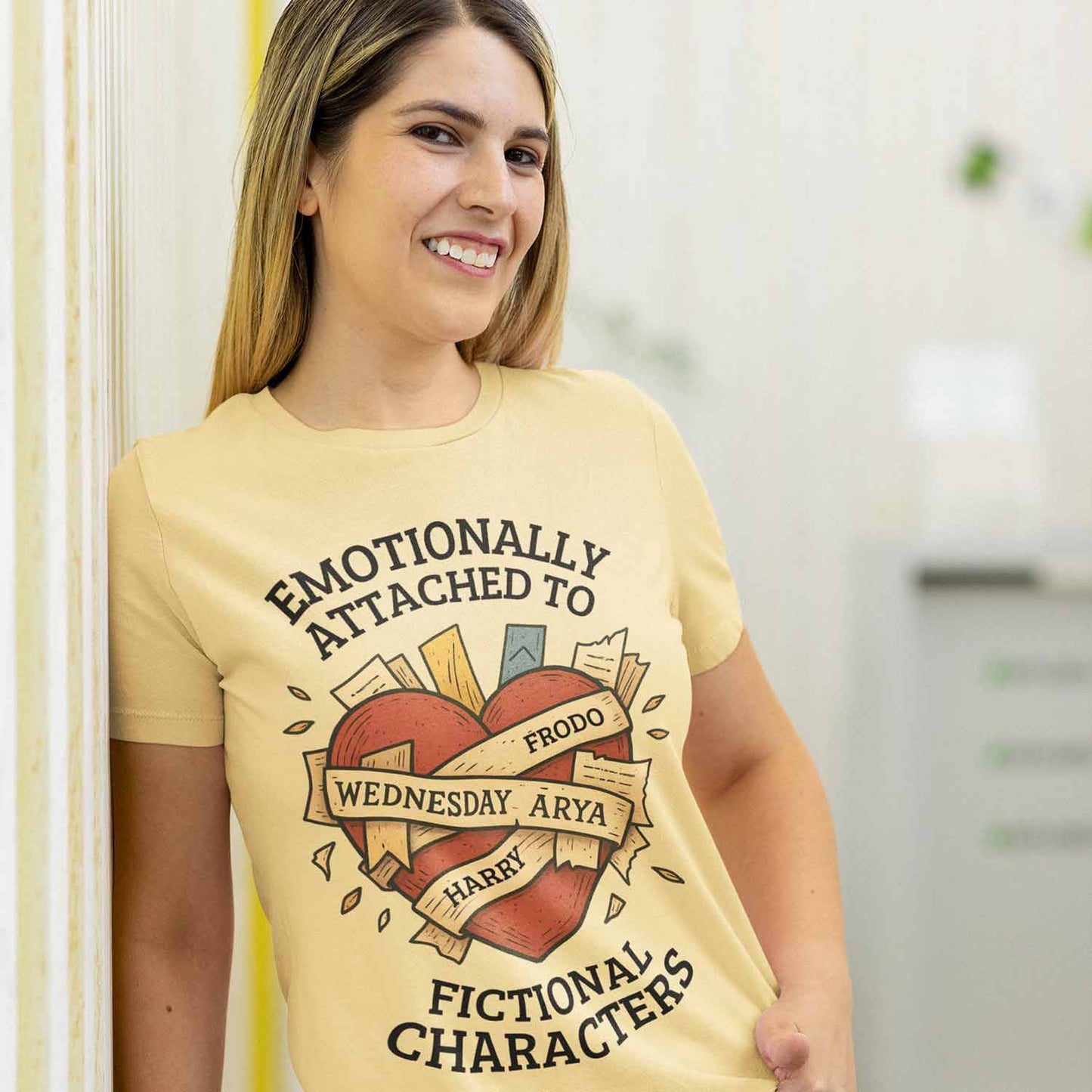 graphic emotionally attached to fictional characters t-shirt printed graphic stylish buy online india the banyan tee tbt men women girls boys unisex beige 