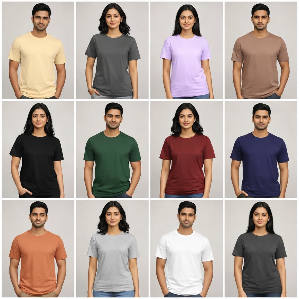 Grid of people wearing plain t-shirts in various colors against a neutral background the banyan t-shirt combo