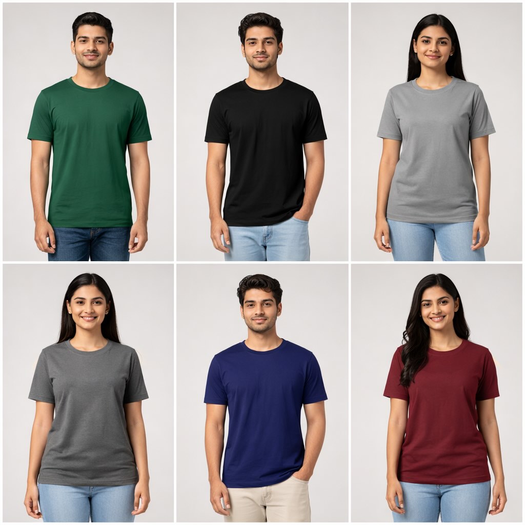 Collage of people wearing plain t-shirts in various colors on a white background combo The Banyan Tee