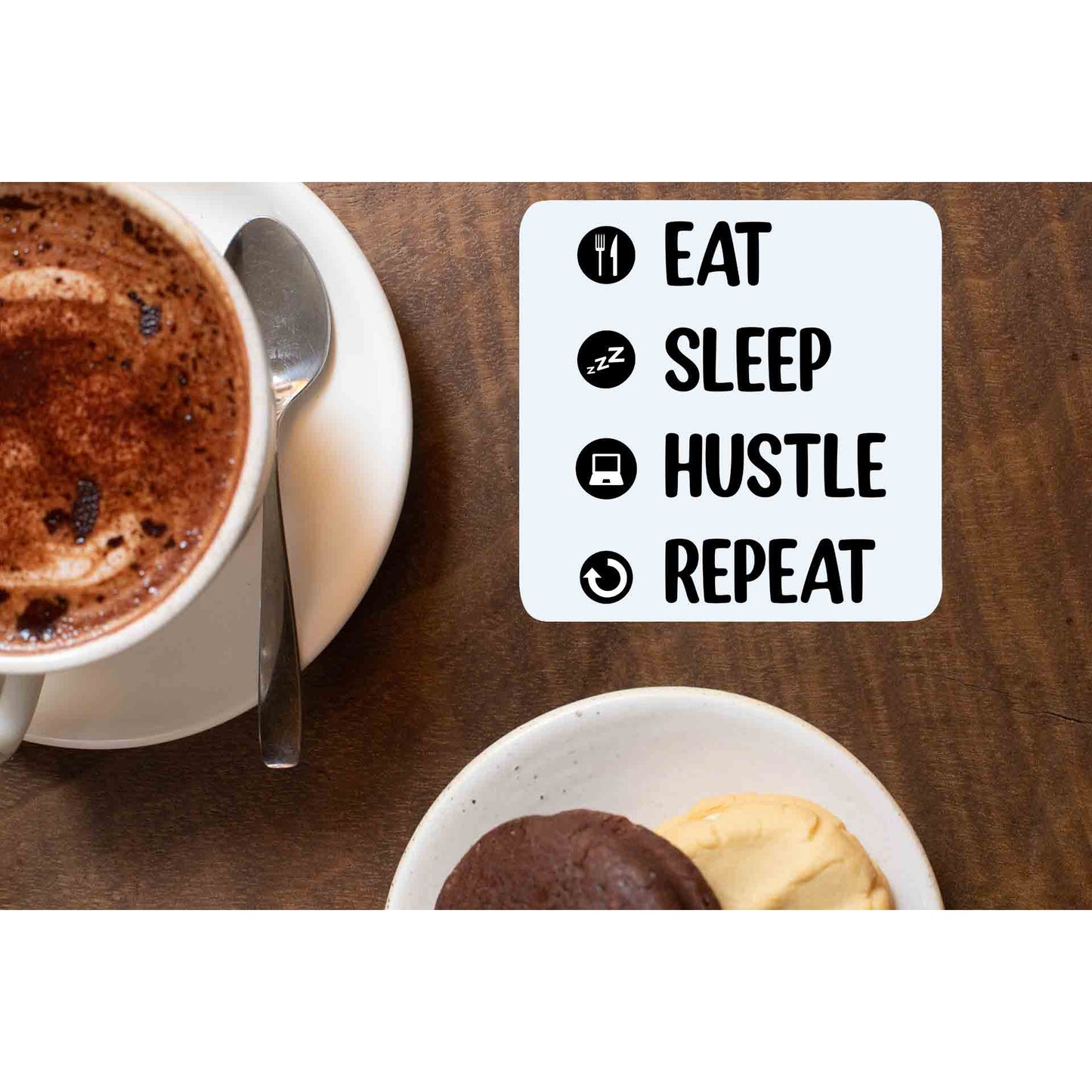 printed eat sleep hustle repeat coasters wooden table cups indian printed graphic stylish buy online india the banyan tee tbt men women girls boys unisex