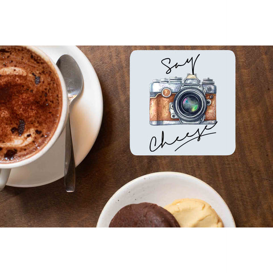 printed say cheese coasters wooden table cups indian printed graphic stylish buy online india the banyan tee tbt men women girls boys unisex