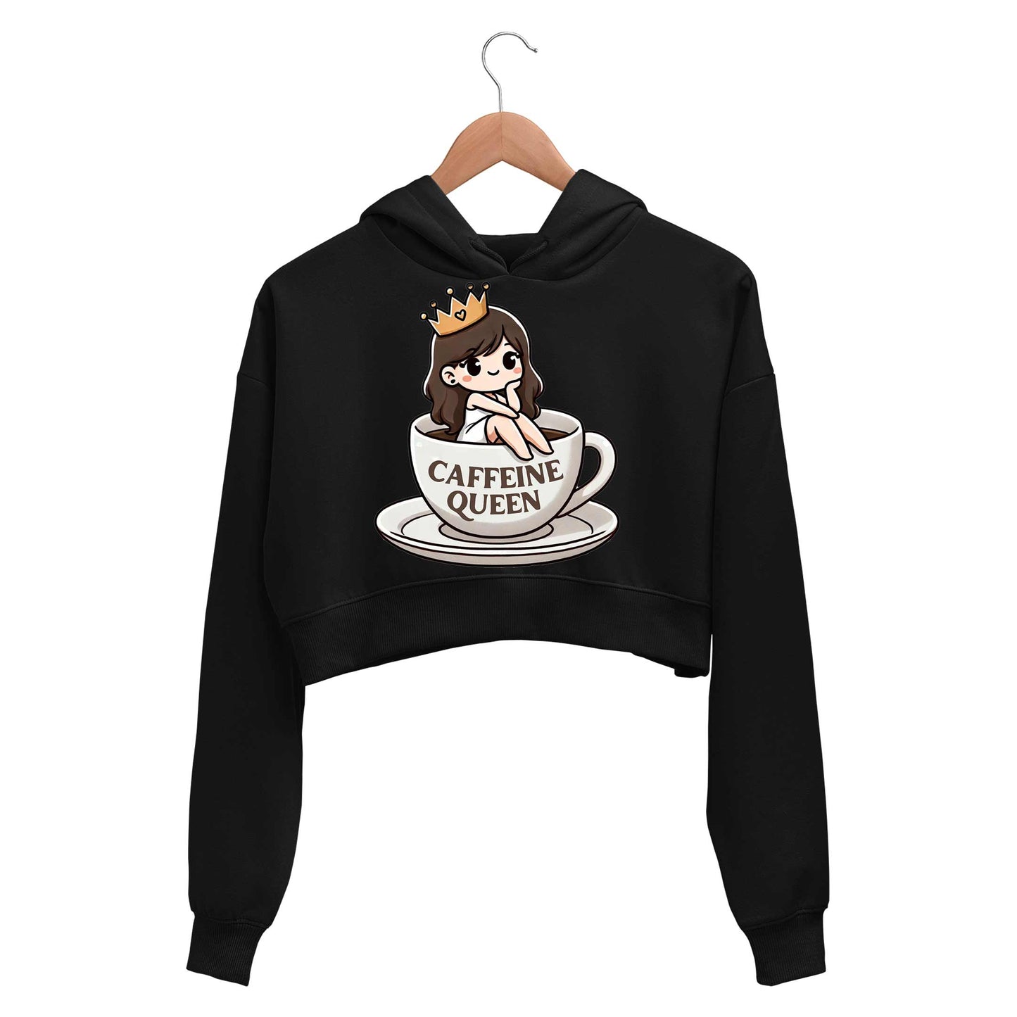 printed caffeine queen crop hoodie hooded sweatshirt upper winterwear printed graphic stylish buy online india the banyan tee tbt men women girls boys unisex black 
