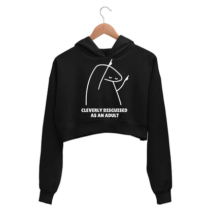 printed cleverly disguised as an adult crop hoodie hooded sweatshirt upper winterwear printed graphic stylish buy online india the banyan tee tbt men women girls boys unisex black 