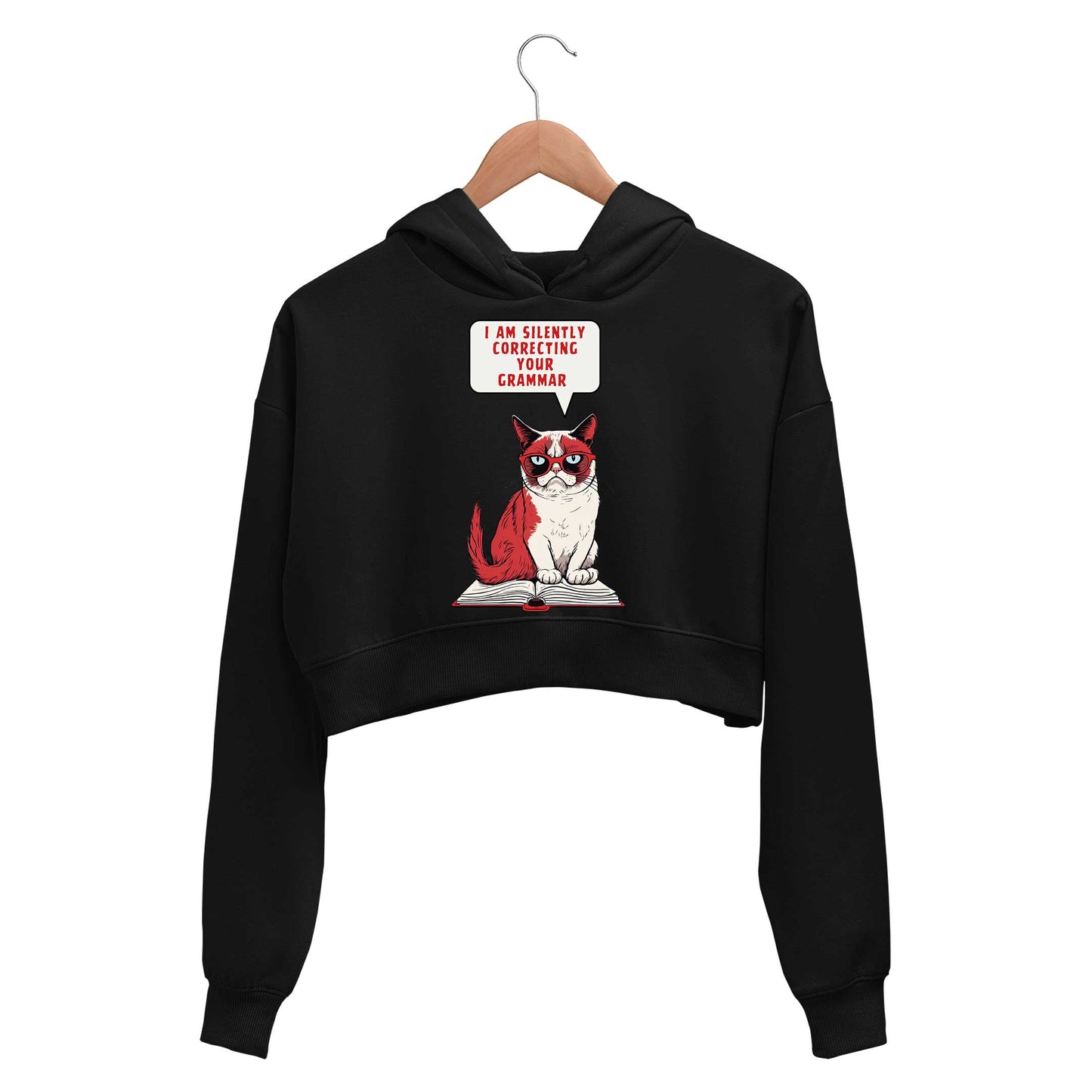printed silently correcting your grammar crop hoodie hooded sweatshirt upper winterwear printed graphic stylish buy online india the banyan tee tbt men women girls boys unisex black 