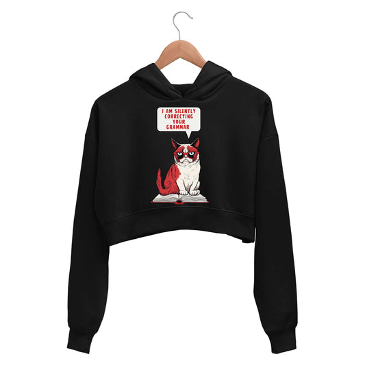 printed silently correcting your grammar crop hoodie hooded sweatshirt upper winterwear printed graphic stylish buy online india the banyan tee tbt men women girls boys unisex black 