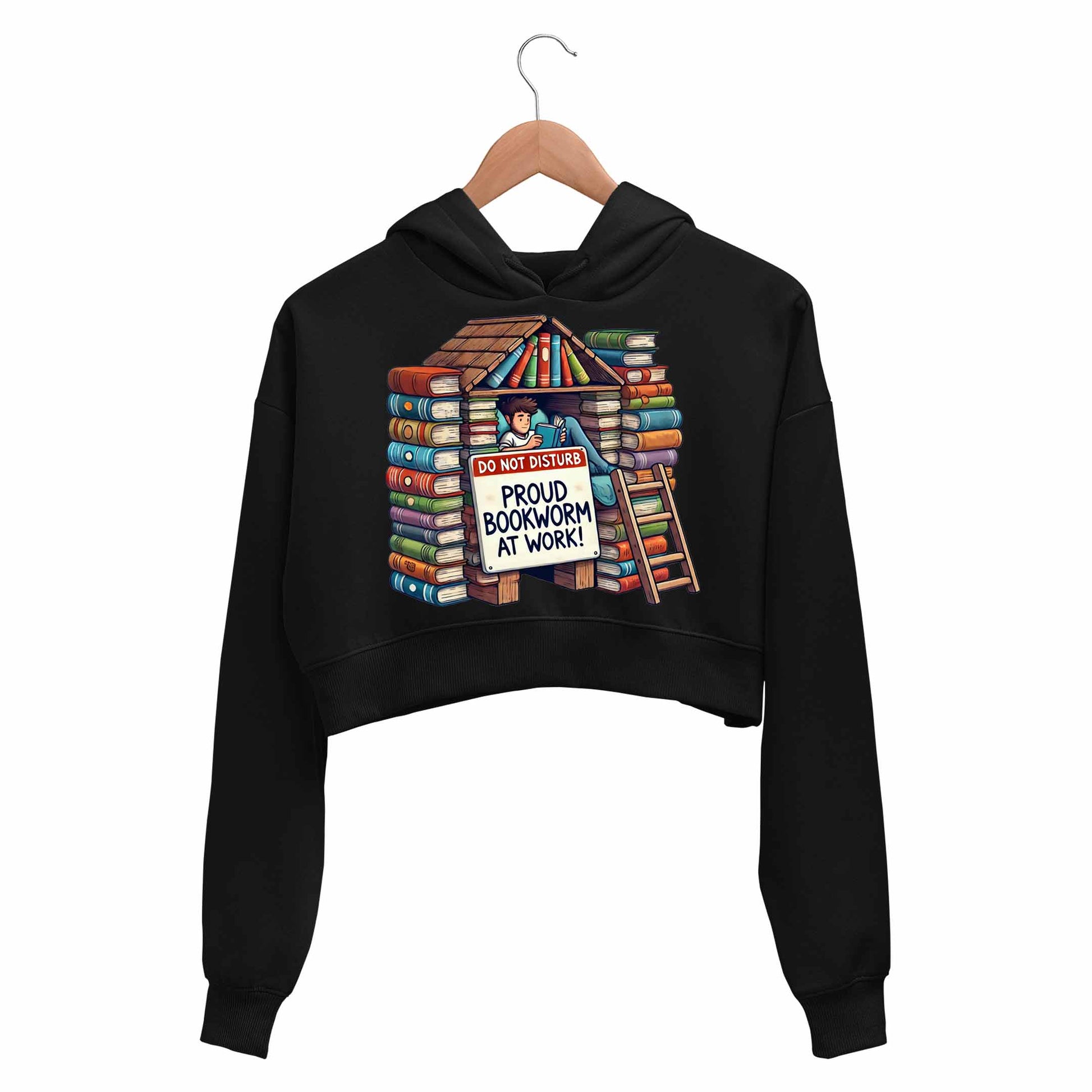 printed bookworm at work crop hoodie hooded sweatshirt upper winterwear printed graphic stylish buy online india the banyan tee tbt men women girls boys unisex black 