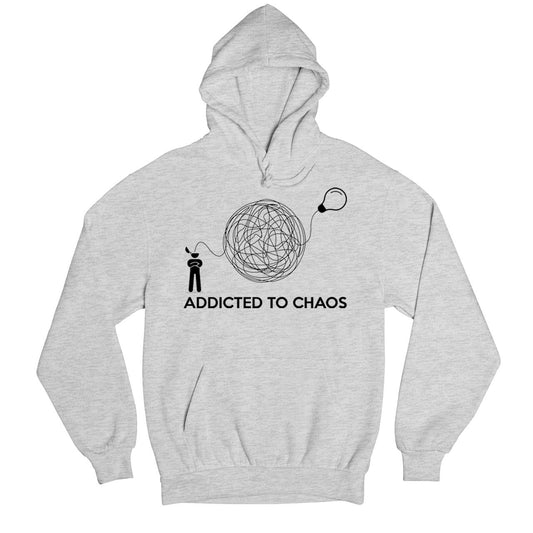 printed addicted to chaos hoodie hooded sweatshirt winterwear printed graphic stylish buy online india the banyan tee tbt men women girls boys unisex gray